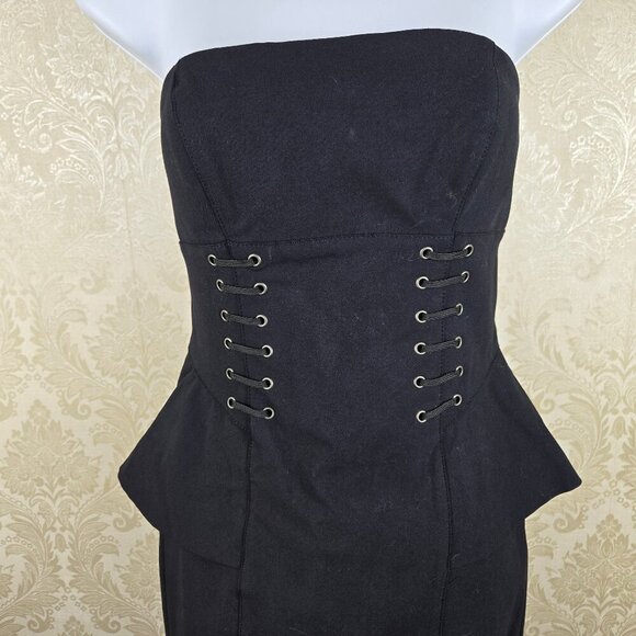 Bebe Size 2 Black Strapless Mini Dress Peplum Corset Look Bodycon Sexy Party - Picture 2 of 13